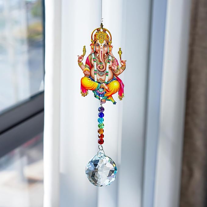 8inch Elephant God Prism Suncatcher Hindu Ganesha Protection Charm Decor Window Garden Wall Hanging Crystal Pendant for Christmas Tree
