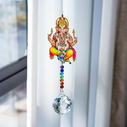 8inch Elephant God Prism Suncatcher Hindu Ganesha Protection Charm Decor Window Garden Wall Hanging Crystal Pendant for Christmas Tree
