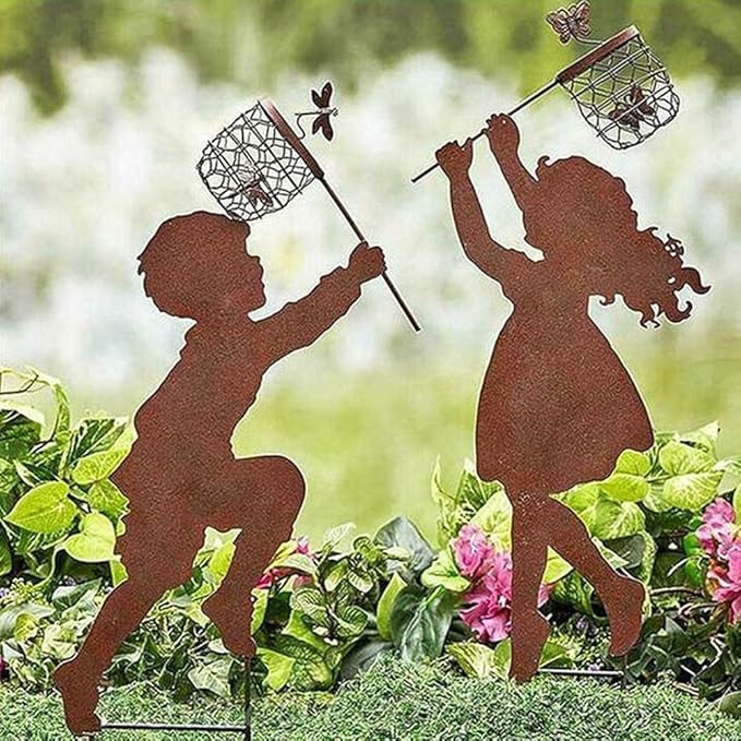 Boy Girl Silhouettes Chasing Butterfly Vintage Metal Garden Silhouette Sculpture, Yard Garden Metal Stake Rustic Decor Gift for Lawn Family Friends