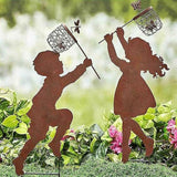 Boy Girl Silhouettes Chasing Butterfly Vintage Metal Garden Silhouette Sculpture, Yard Garden Metal Stake Rustic Decor Gift for Lawn Family Friends