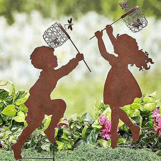 Boy Girl Silhouettes Chasing Butterfly Vintage Metal Garden Silhouette Sculpture, Yard Garden Metal Stake Rustic Decor Gift for Lawn Family Friends