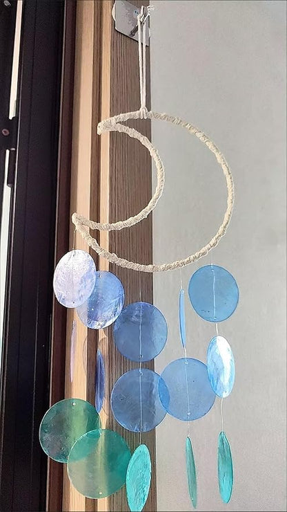 Capiz Seashell Wind Chimes - Small, Unique, Handmade Natural Seashell Wind Chimes for Outside (Blue, 1 Pack)