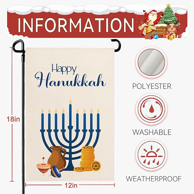 Happy Hanukkah Garden Flags Menorah Star of David Chanukah Yard Flag Jewish Gyroscope Holiday Festival Holiday House Banner Double Sided for Winter Decor 12 x 18 Inch