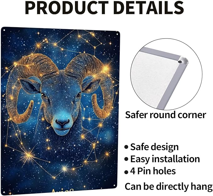 Aries of the Zodiac Signs,Metal tin sign,Exquisite plaque poster wall art decor,for living room,cafe,Yard,Patio,Bedroom,pub,club,Charming Artwork for Astrology Lovers,12x16 inch