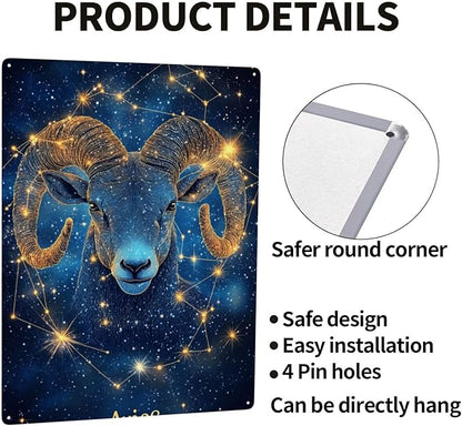 Aries of the Zodiac Signs,Metal tin sign,Exquisite plaque poster wall art decor,for living room,cafe,Yard,Patio,Bedroom,pub,club,Charming Artwork for Astrology Lovers,12x16 inch