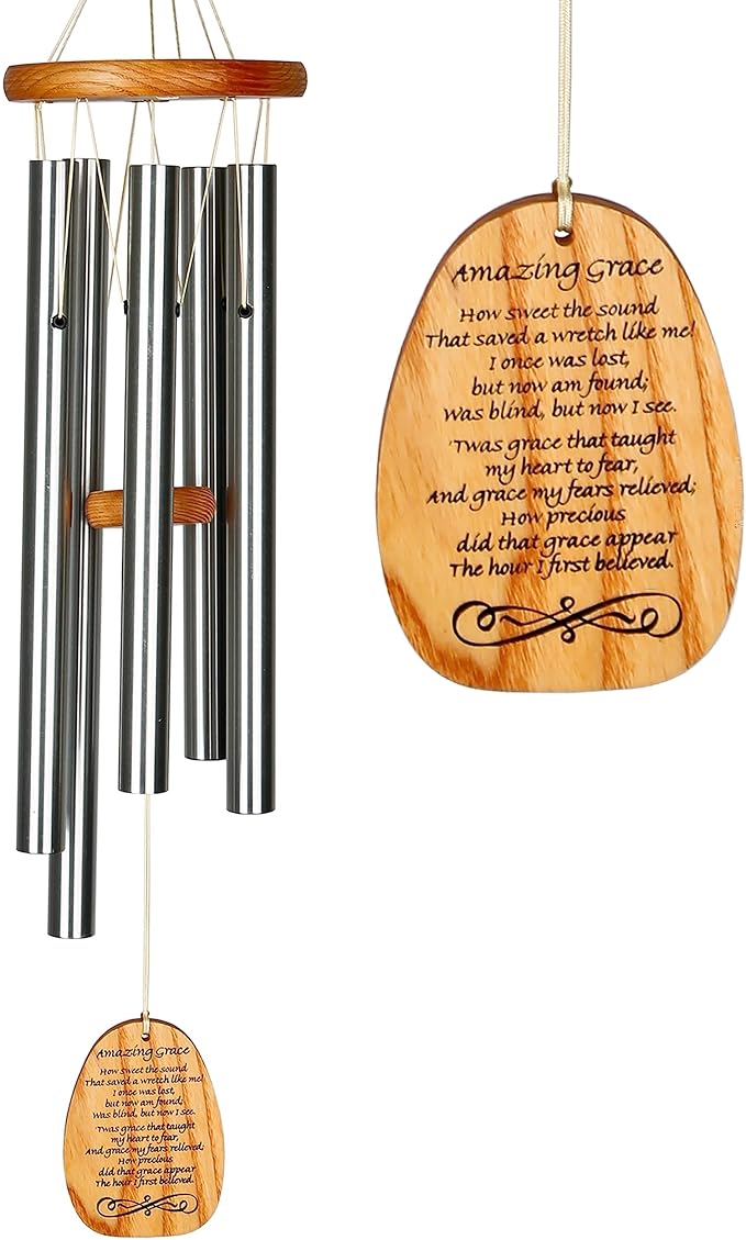 Woodstock Wind Chimes for Outside, Outdoor Decor, Memorial and Sympathy Chime, Garden, Patio, and Front Porch Decor, (25") Amazing Grace Wind Chime, Silver (WRAZ)