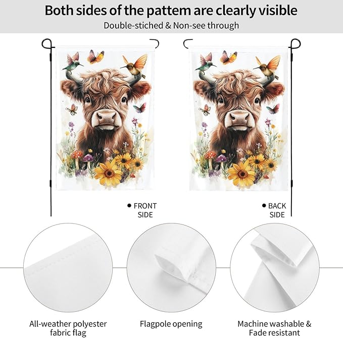 Floral Highland Cow Garden Flags 12×18 Inch Mushrooms Hummingbirds Butterfly Double Sided Decorative Yard Banner Seasonal Flag for Outdoor Outside Decor
