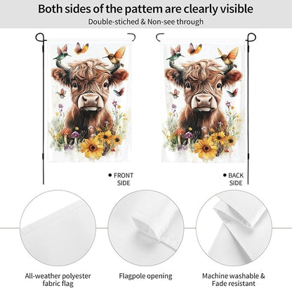 Floral Highland Cow Garden Flags 12×18 Inch Mushrooms Hummingbirds Butterfly Double Sided Decorative Yard Banner Seasonal Flag for Outdoor Outside Decor
