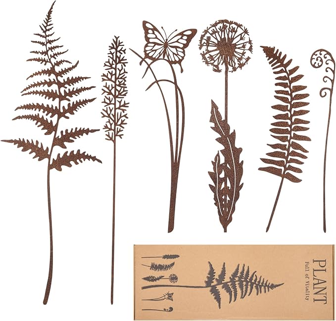 Set of 6 Metal Flowers for Outside, Metal Flowers Garden Outdoor Yard Ornaments Decor Plant Fairy Garden Stakes Yard Art Plant Decorations for Pots Accessories Lawn Ornaments