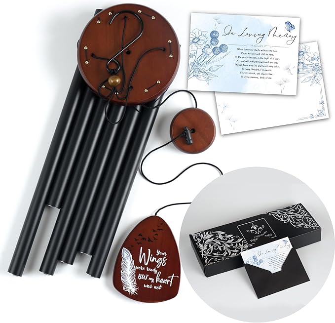 Memorial Wind Chimes for Loss of Loved One, Windchimes in Memory of a Loved One, Sympathy Gift Baskets, Bereavement Condolence Gifts, Memorial Gifts for Loss of Mom, 32" Sympathy Feather, Black