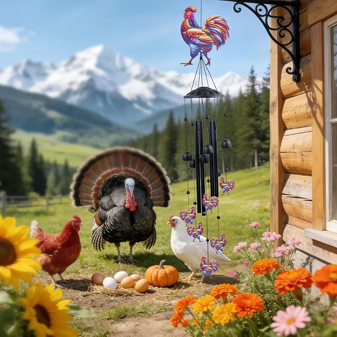 Chicken Wind Chimes for Outside, Metal Rooster Wind Chime, Funny Gift for Chicken Lovers, Garden Patio Yard Decor