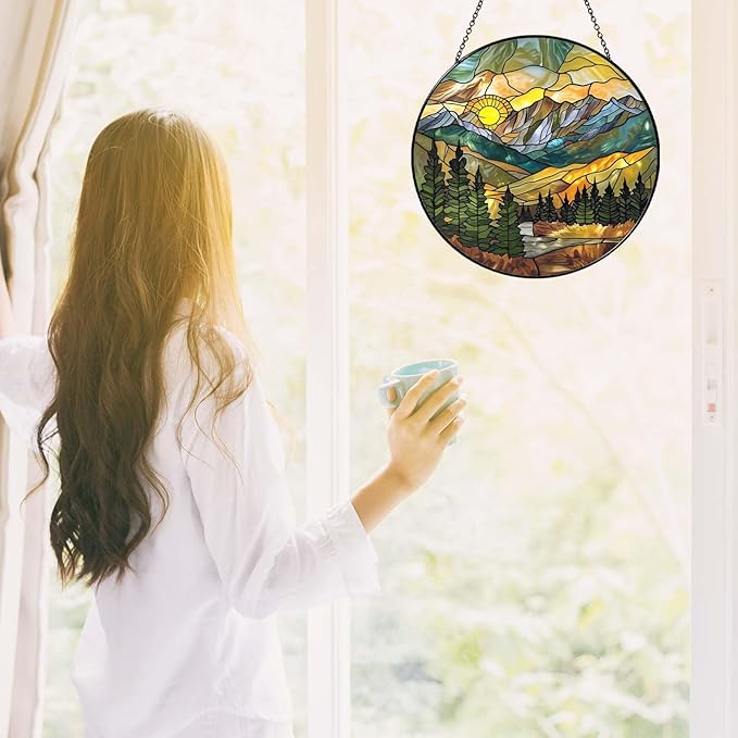 Mountain Range Sun Catcher Stained Glass Window Hanging for Women Wall DecorHandmade Sun Catcher Decoration for Garden Home Housewarming Gifts, 7.87inch