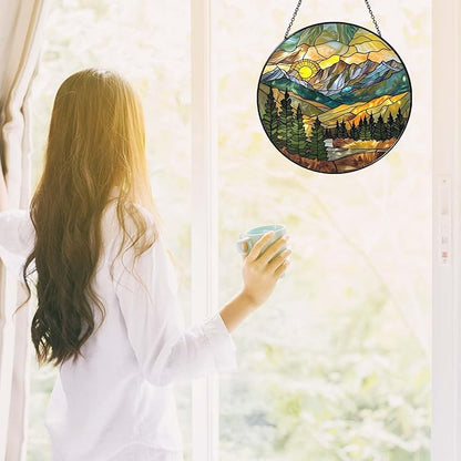 Mountain Range Sun Catcher Stained Glass Window Hanging for Women Wall DecorHandmade Sun Catcher Decoration for Garden Home Housewarming Gifts, 7.87inch