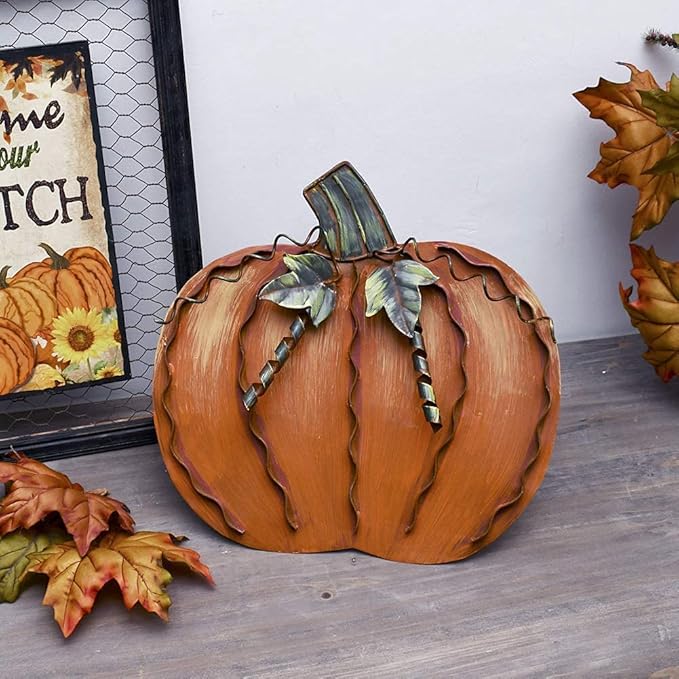 Linfevisi Metal Pumpkin Decor for Outside Standing Pumpkin Sign Flat Fall Porch Decor Yard Pumpkins Statue Outdoor Fall Decorations for Home Shelf Autumn Thanksgiving Halloween Garden Kitchen 12 Inch