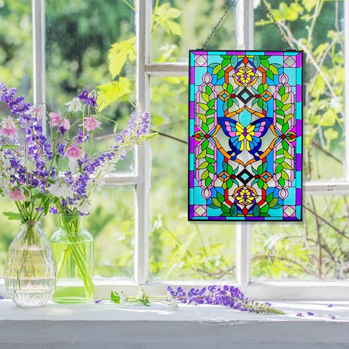 Viveta Butterfly Stained Glass Window Hangings, 10" W x 15" H Suncatcher Panel Windows Wall Decor with Metal Frame & Chain