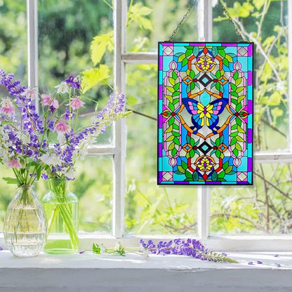 Viveta Butterfly Stained Glass Window Hangings, 10" W x 15" H Suncatcher Panel Windows Wall Decor with Metal Frame & Chain