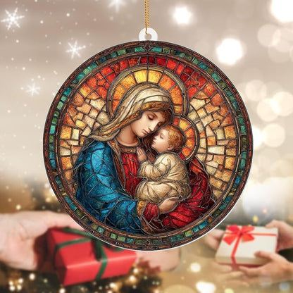 Holy Mother & Child Stained Glass Acrylic Ornament 2025 – Madonna & Child Religious Christmas Ornament, Nativity Window Sun Catcher Acrylic, Catholic Tree Decoration,Keepsake for Holiday Home (Sun-25)