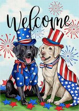 Welcome 4th of July Dog Patriotic Decorative Garden Flag, America USA Black Labrador Puppy Stars Stripes Yard Outside Decorations, American Summer Outdoor Small Home Decor Double Sided 12 x 18