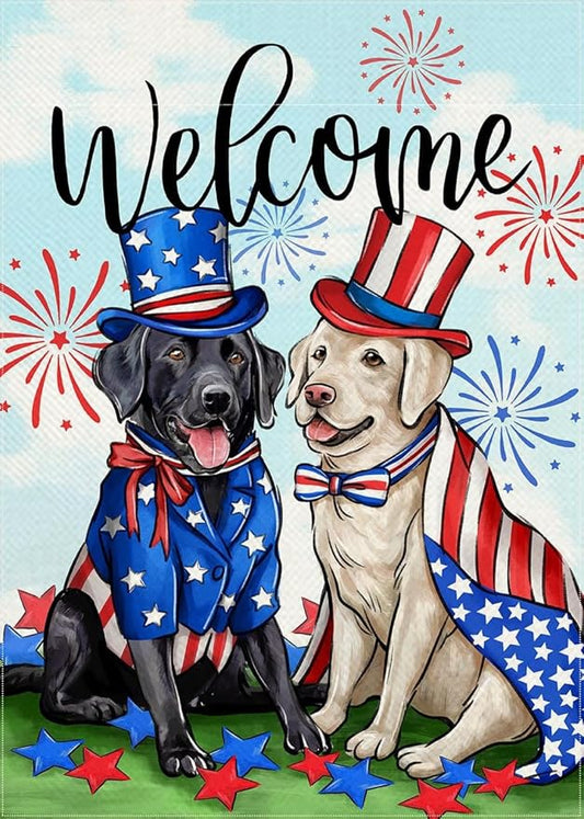 Welcome 4th of July Dog Patriotic Decorative Garden Flag, America USA Black Labrador Puppy Stars Stripes Yard Outside Decorations, American Summer Outdoor Small Home Decor Double Sided 12 x 18