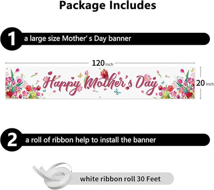 Probsin Large Happy Mother's Day Banner Decorations 120x20 Inch Mothers Day Yard Sign Holiday Hanging Outdoor Decor Tulips Party Supplies for Indoor Outdoor Garden Fence Balcony Welcome Home Decor