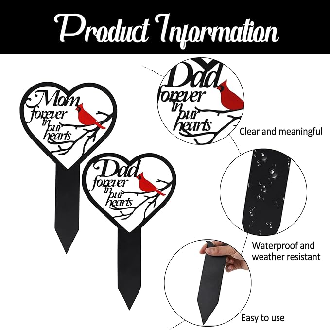 Dad-A Heart Memorial Plaque Stake Sympathy Grave Marker - Cardinals Garden Stake Metal Decoration for Mom Dad Cemetery Outdoors Yard Garden