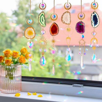 WEISIPU Set of 6 Crystal Sun Catchers - Window Hanging Sun Catchers with Crystals and Agate Slices, Wind Chimes Ornaments Decor Prism for Home Car Window Party Decorations-6 Pcs