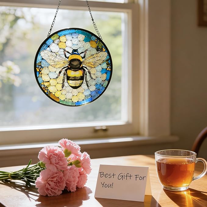 Ice Crack Bee Stained Glass Window Hanging, Bumblebee on Honeycomb Suncatchers for Windows Hanging Ornament for Home, Mother's Day Birthday Gift for Mom Grandma (8""/20cm)