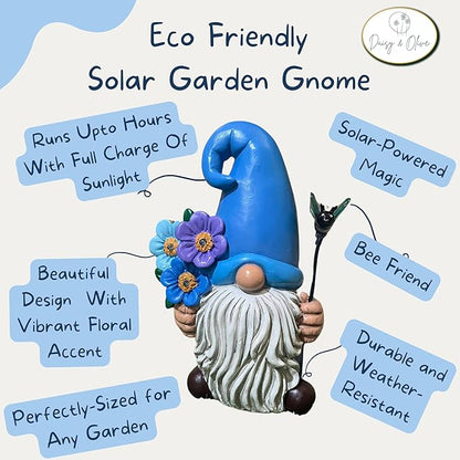 Daisy & Olive Garden Gnome | Large Solar Powered Garden Gnome Statue | Flower & Bee Lights Up | Auto On-Off | Garden Gnome for Yard | Unique Housewarming Gifts