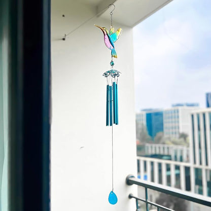 35" Blue Hummingbird Wind Chimes, Indoor Outdoor Glass Painted Mobile Chime for Patio, Balcony, Garden, Yard, or Home Window Decoration, Lifelike Stained Metal Style with Deep Tone Music, Lawn Hanging