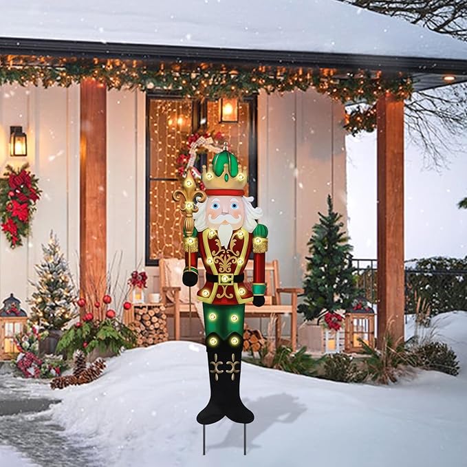 Christmas Yard Stakes Lighted Up Metal Christmas Yard Decorations LED King Nutcracker with Crown Scepter Lighted Stakes Outdoor Xmas Stake Lawn Pathway Outdoor Decoration