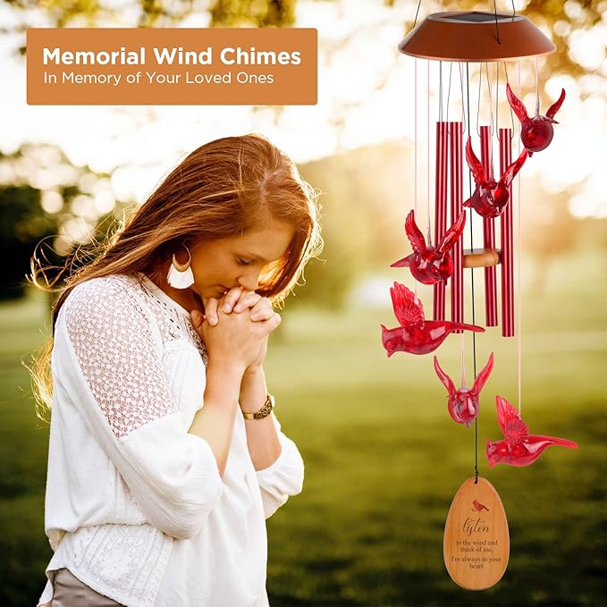 Cardinal Wind Chimes for Outside Solar Cardinal Gifts for Women Mom Grandma Father Memorial Red Bird WindChimes for Loss of Loved One Sympathy Windchime Garden Outdoor Decor