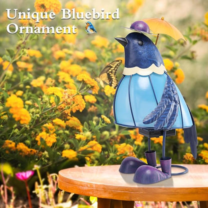 MUMTOP Solar Outdoor Lights Garden Decor, Cute Bluebirds Waterproof Solar Powered LED Light Metal Bird Holding Yellow Umbrella Yard Art Ornament for Patio Outside Lawn Backyard Balcony Decorations