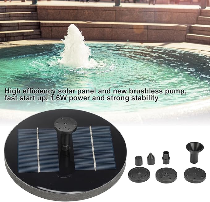 Solar Fountain, Round Solar Water Fountain Pump for Bird Bath, 1.6W Floating Solar Landscape Fountain for Garden Decoration Pool Pond