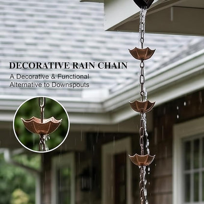 Topadorn 6ft Umbrella Shaped Rain Chain for Gutters Downspouts Outside, 8 Cups Rain Catcher Chain for Gutters, Adjustable Length Downspout Replacement, Outdoor Garden Rain Drainage Decor