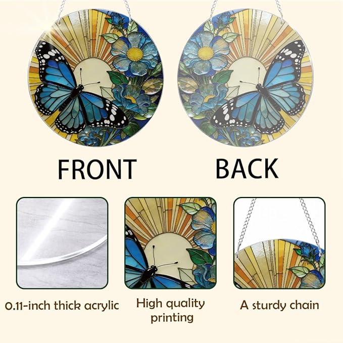 Butterfly Flower Suncatcher, Blue Flower Window Wall Art, Acrylic Sun Catcher for Window Door Hanging, Home Garden Decors, Mother's Day Christmas Festival Gift for Women Mom Grandma