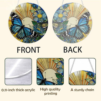 Butterfly Flower Suncatcher, Blue Flower Window Wall Art, Acrylic Sun Catcher for Window Door Hanging, Home Garden Decors, Mother's Day Christmas Festival Gift for Women Mom Grandma