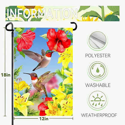 Hummingbird Garden Flags Red Flower Hibiscus and Yellow Lilies Yard Flag Wedding Anniversary Polyester Floral House Banners Double Sided for Spring Summer Party Outdoor Decor 12 x 18 Inch