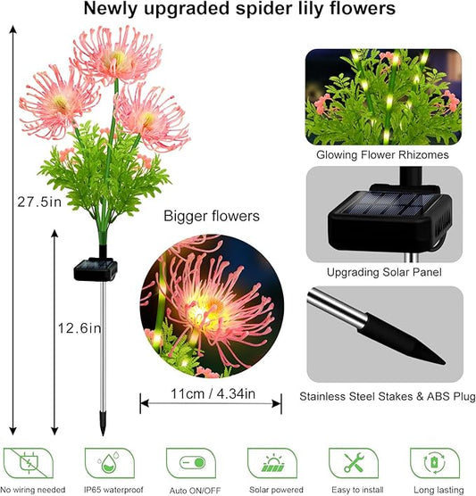 Solar Garden Flower Lights Outdoor, 4 Pack Pink Spider Lily Solar Lights with Glowing Stems, IP65 Waterproof LED Yard Decor for Patio Lawn Pathway, Mother's Day Valentine Gifts for Women Mom Grandma