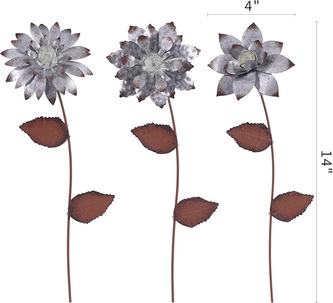 Garden Stakes Decorative, Metal Flowers for Outside, Glow in Dark Yard Lawn Ornaments Plant Pot Flower Bed Decor, Patio, Set of 3, Silver