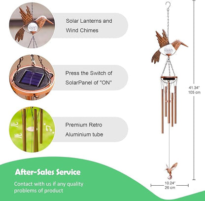 Solar Hummingbird Wind Chimes for outside: Melodious Mother's Day Birthday Gifts for Mom Women Grandma Her - Weatherproof Metal Outdoor Decor Easy Hanging for Garden Patio Tree Window Memorial