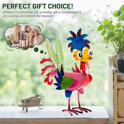 Metal Yard Art Rooster Decor, Garden Rooster Statues Sculpture, Garden Metal Statue Outdoor Decor Yard Art Chicken Decoration for Home Patio Lawn Backyard Farmhouse Kitchen (Pink)