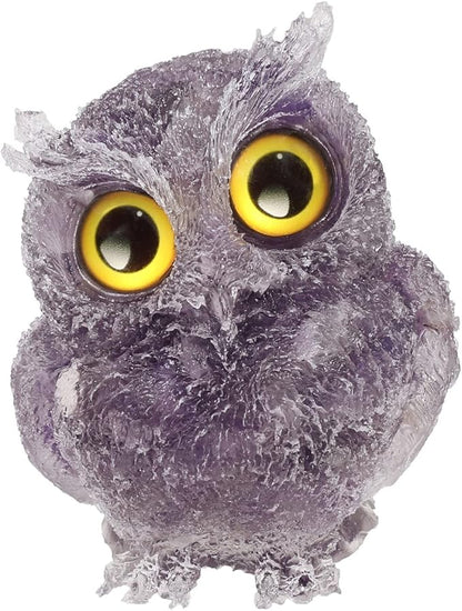 Nupuyai 3 inches Orgone Resin Crystal Chips Tumbled Stone Owl Statue, Mini Hand Carved Stone Crystal Animal Figurines for Tabletop Indoor Outdoor, Amethyst
