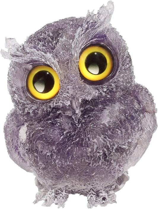Nupuyai 3 inches Orgone Resin Crystal Chips Tumbled Stone Owl Statue, Mini Hand Carved Stone Crystal Animal Figurines for Tabletop Indoor Outdoor, Amethyst