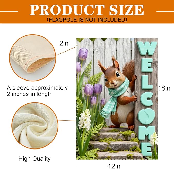 Spring Summer Welcome Flag with 12x18 inch ，Squirrel Design, Decorative Outdoor Double-Sided Banner with Purple Tulips and Mint Letters, Seasonal Home Yard Decor