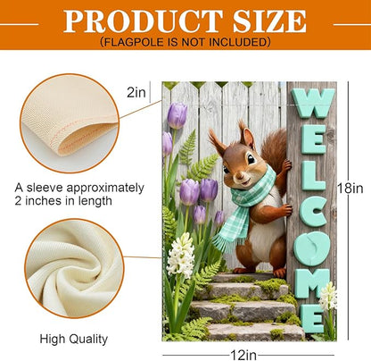 Spring Summer Welcome Flag with 12x18 inch ，Squirrel Design, Decorative Outdoor Double-Sided Banner with Purple Tulips and Mint Letters, Seasonal Home Yard Decor