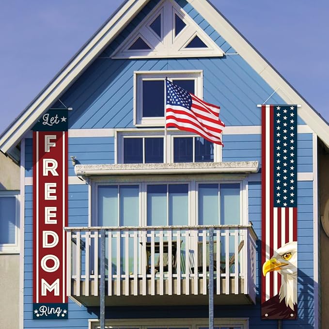 4th of July Decorations, Patriotic Decorations of Hanging American Flag Banners Porch Signs 12 x 71 in for Memorial Day Independence Day Veterans Day Labor Day for Yard Indoor Outdoor Décor