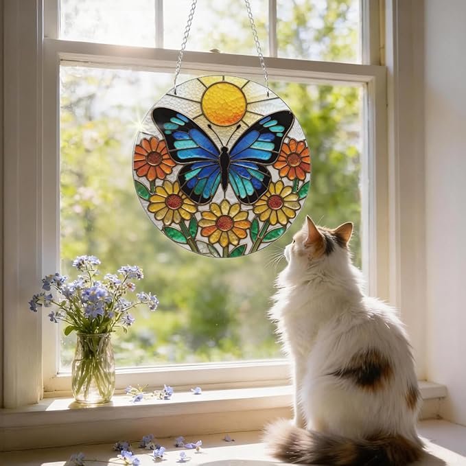 Butterfly Acrylic Window Hanging Suncatcher, Yellow Flower Window Wall Art, Butterfly Suncatchers for Windows Doors Home Decoration, Housewarming, Festival, Birthday Gift for Women
