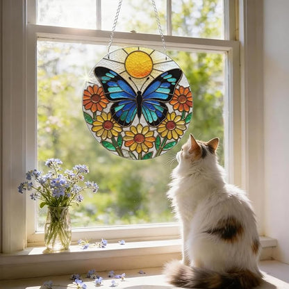 Butterfly Acrylic Window Hanging Suncatcher, Yellow Flower Window Wall Art, Butterfly Suncatchers for Windows Doors Home Decoration, Housewarming, Festival, Birthday Gift for Women