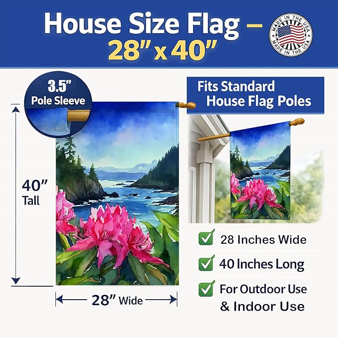 Caroline's Treasures Washington Coast Rhododendrons in Watercolor House Flag Large Porch Sleeve Pole Decorative Outside Yard Banner Artwork Wall Hanging, Polyester, House Size, Multicolor