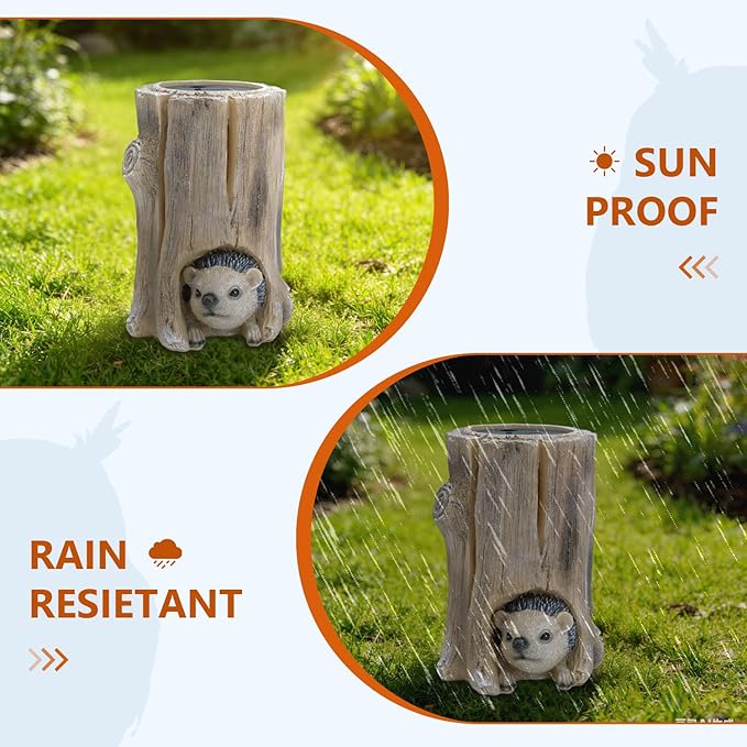 Landoraloria Solar Powered Tree Stump Owl Garden Statue with Light, Brown Resin, Waterproof Outdoor Decorative Lamp (Hedgehog)